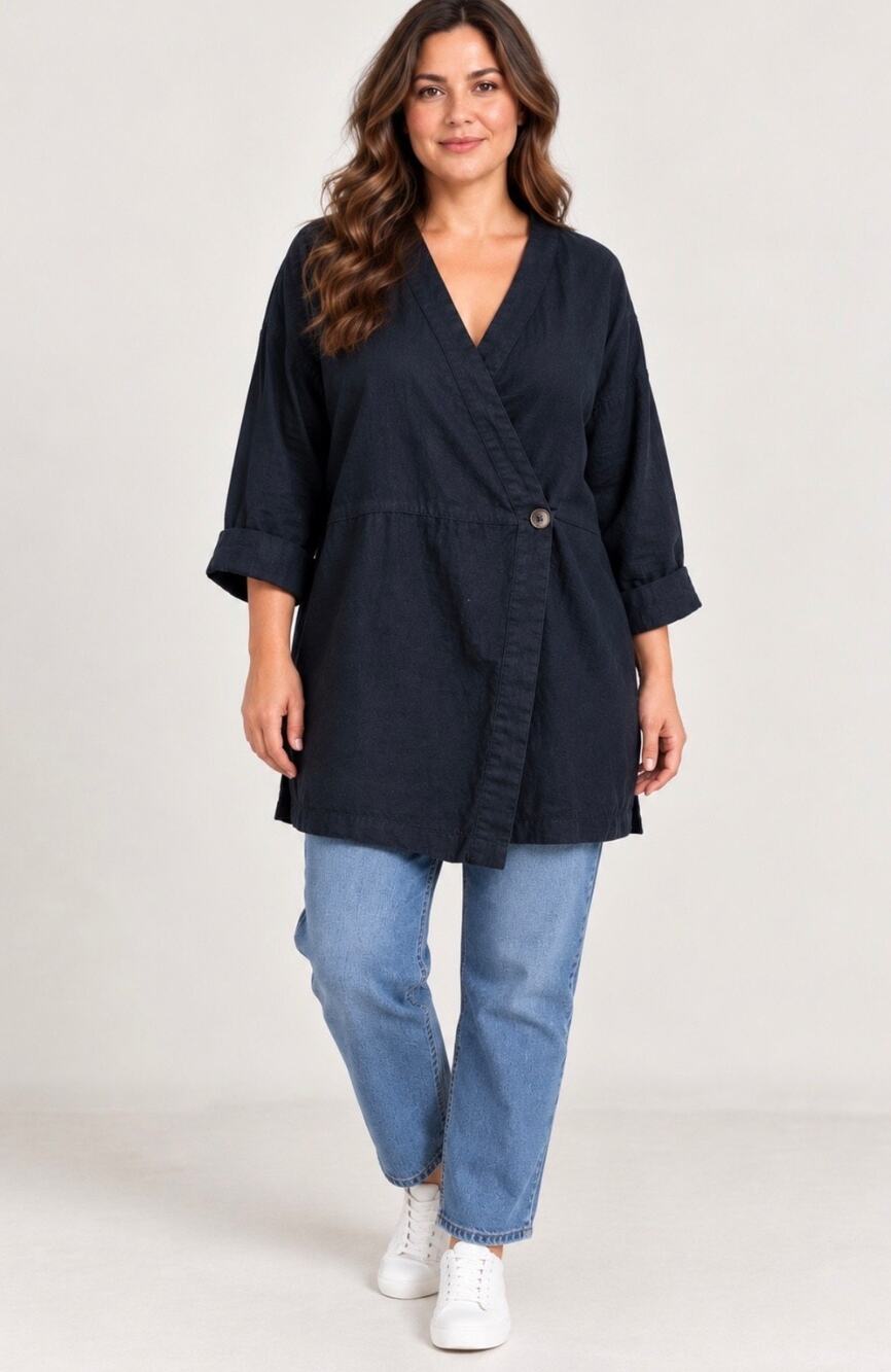 David Dart Designer Linen Women Black Wrap Blouse Cardigan 3/4 Sleeve V-Neck 1X